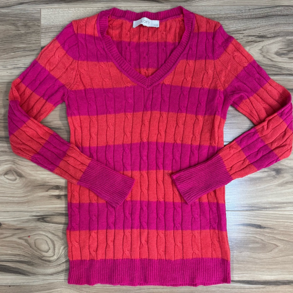 LOFT Fuchsia & Orange Cableknit V Neck Sweater Wool Blend Preppy Y2K Petite XS
